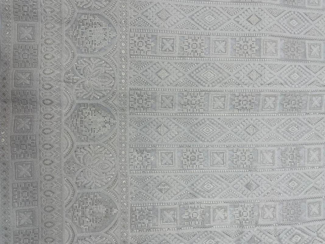 White Geometric Dyeable Embroidered Georgette Fabric