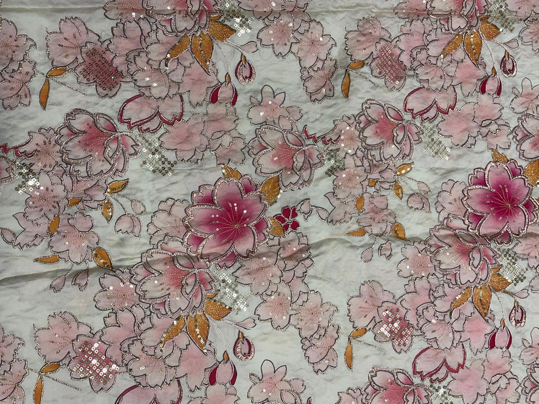 Multicolor Floral Embroidered Satin Tissue Fabric