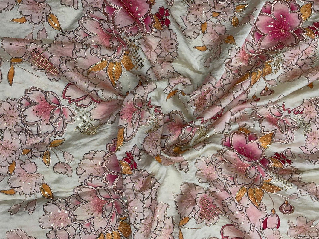 Multicolor Floral Embroidered Satin Tissue Fabric