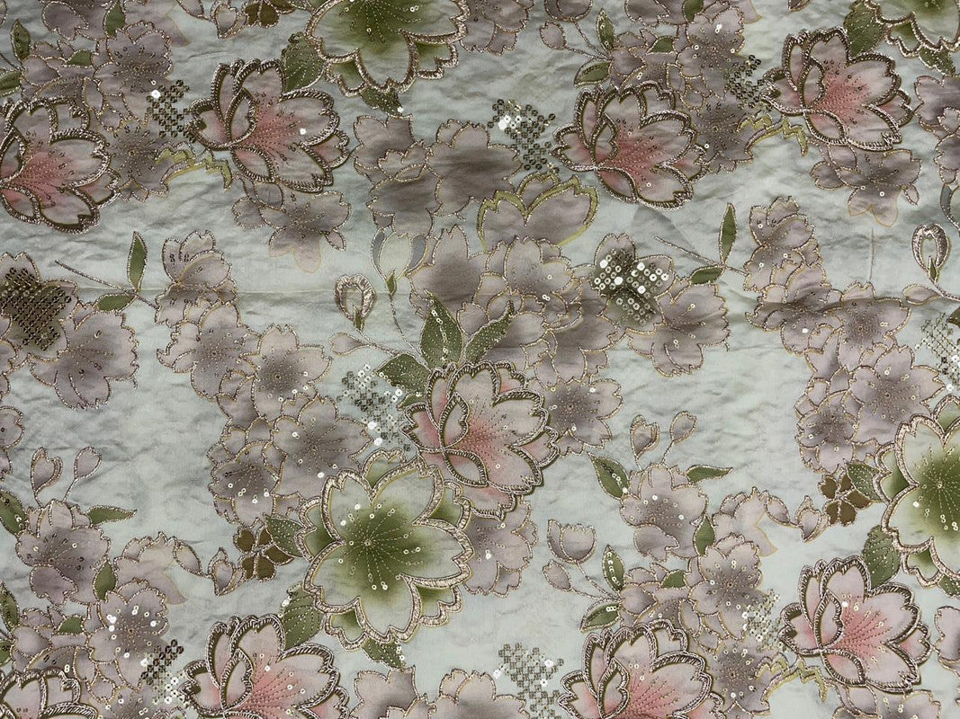 Multicolor Floral Embroidered Satin Tissue Fabric