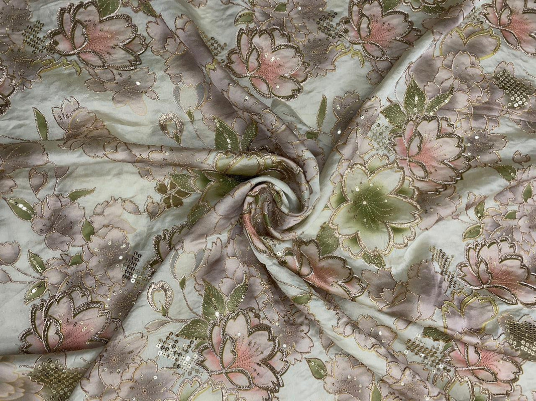 Multicolor Floral Embroidered Satin Tissue Fabric