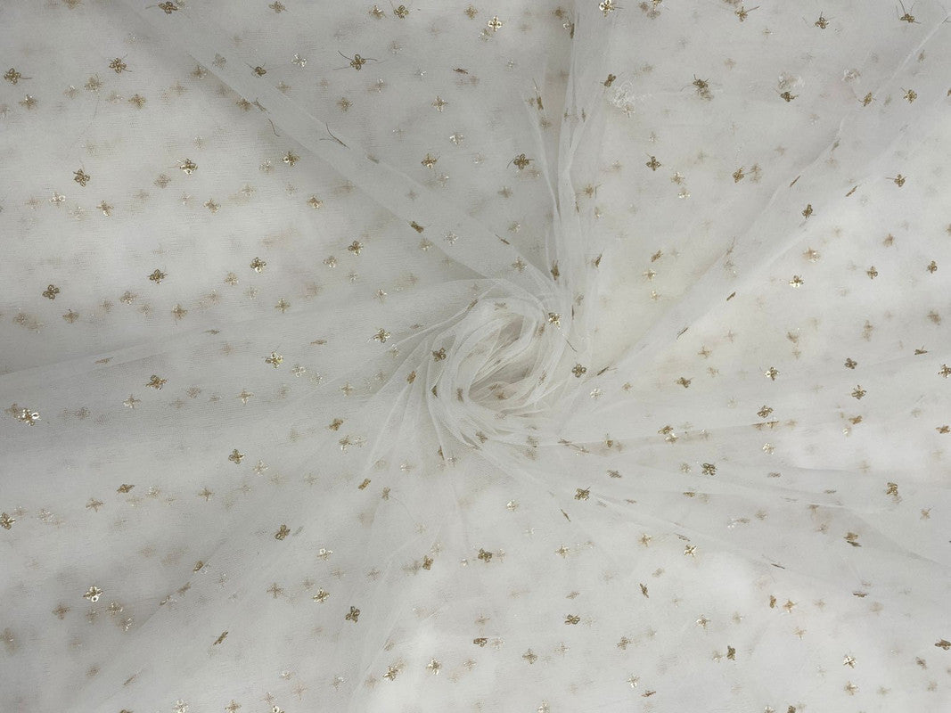 White & Golden Dyeable Butti Embroidered Net Fabric