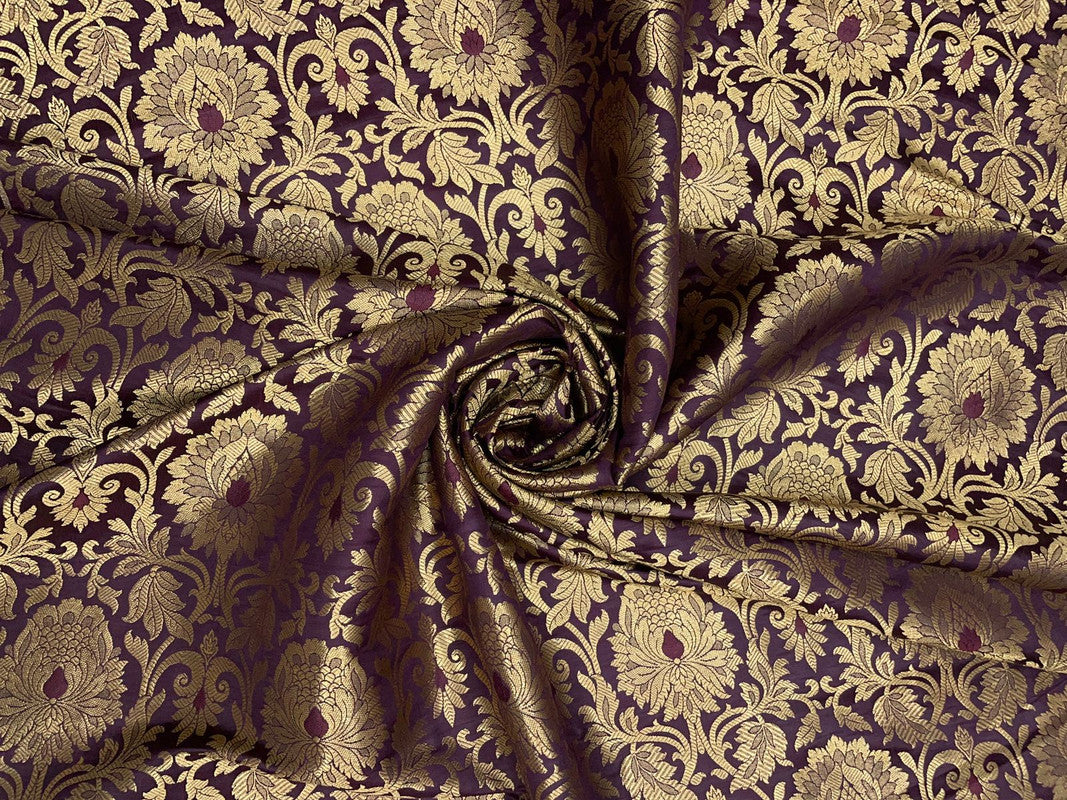 Wine & Golden Floral Semi Brocade Fabric