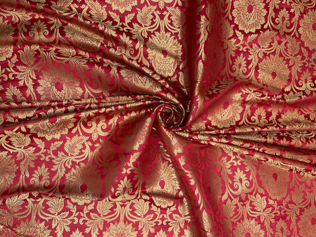 Red & Golden Floral Semi Brocade Fabric