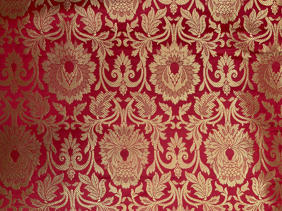 Red & Golden Floral Semi Brocade Fabric