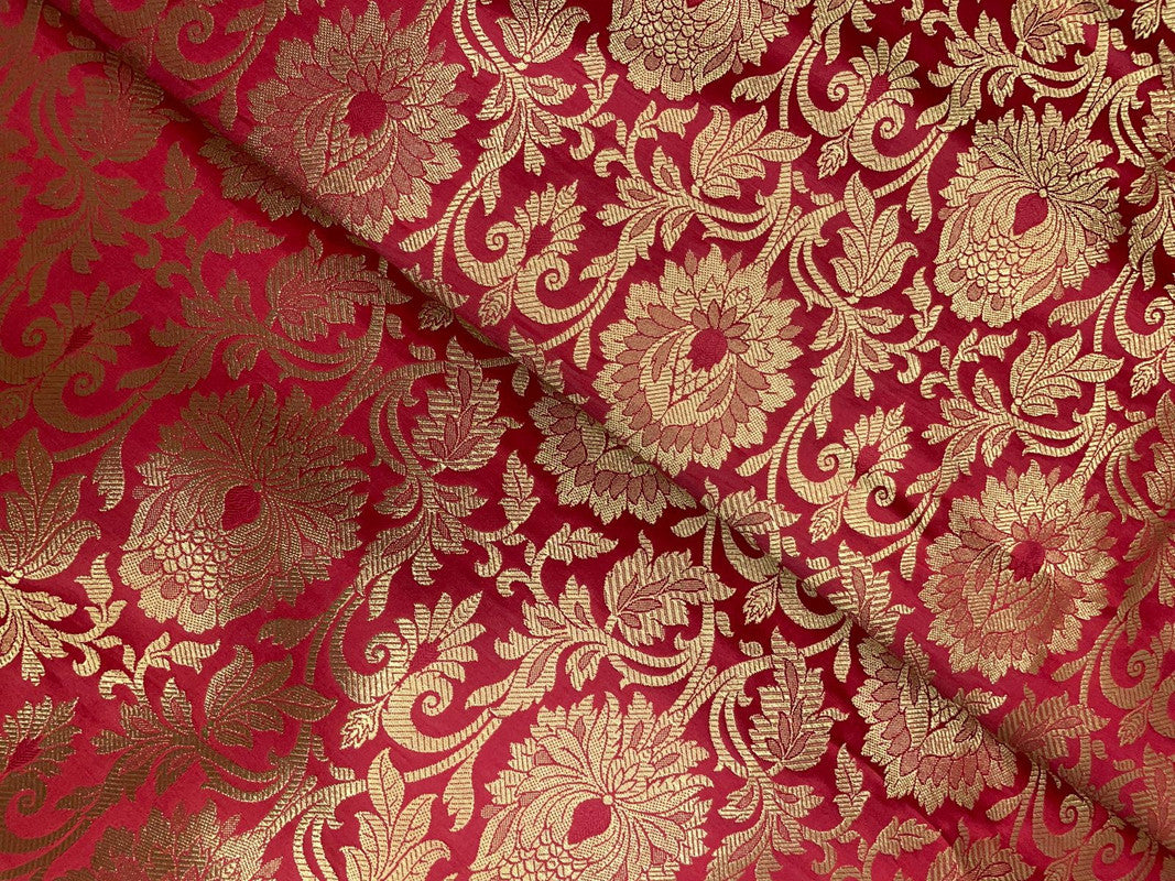 Red & Golden Floral Semi Brocade Fabric