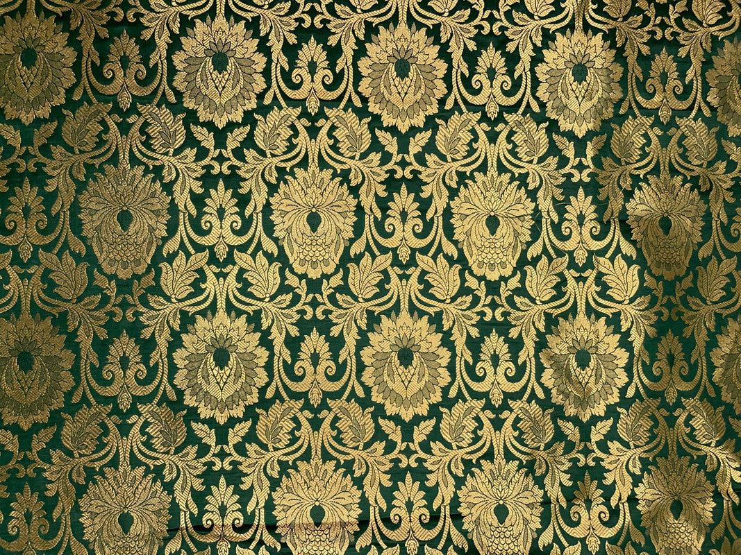 Bottle Green  & Golden Floral Semi Brocade Fabric