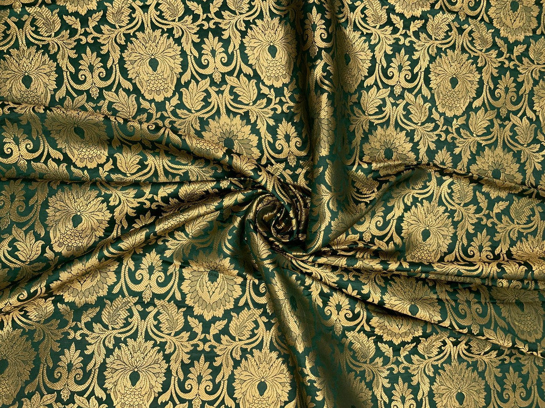 Bottle Green  & Golden Floral Semi Brocade Fabric