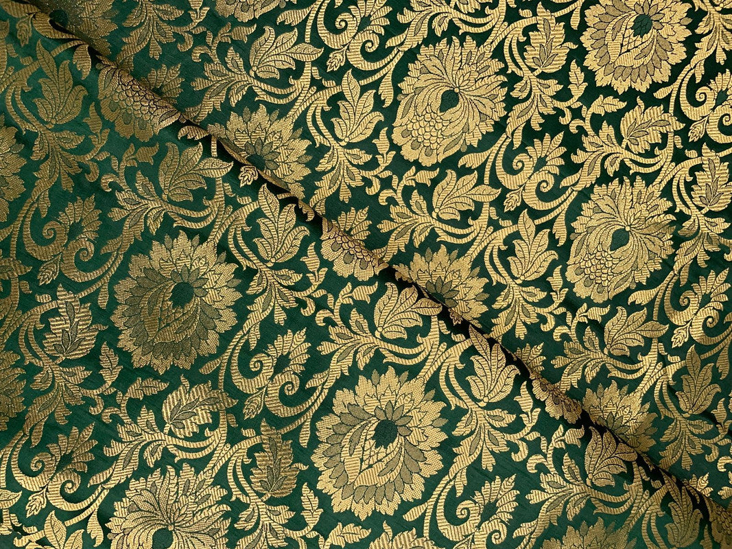 Bottle Green  & Golden Floral Semi Brocade Fabric