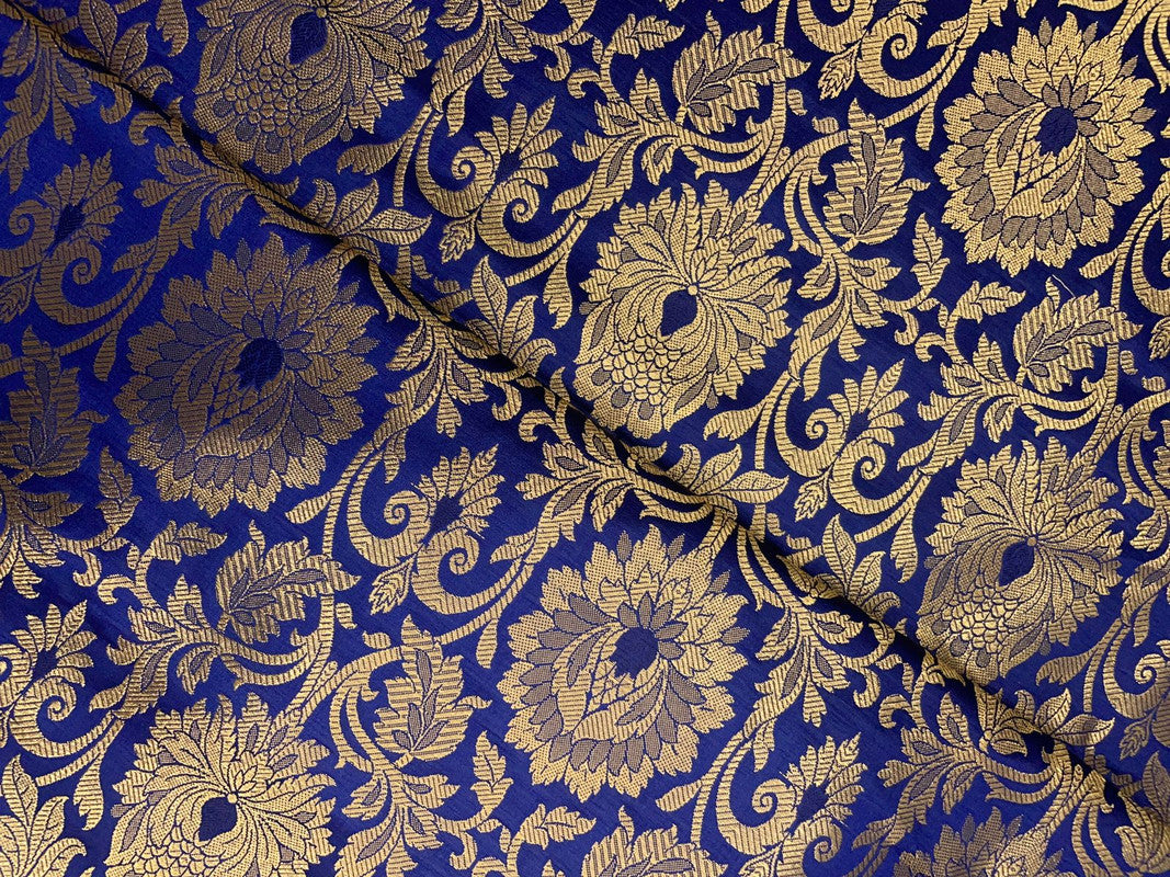 Navy Blue & Golden Floral Semi Brocade Fabric