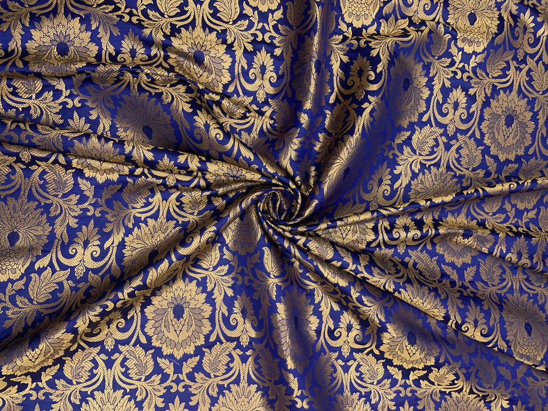 Navy Blue & Golden Floral Semi Brocade Fabric