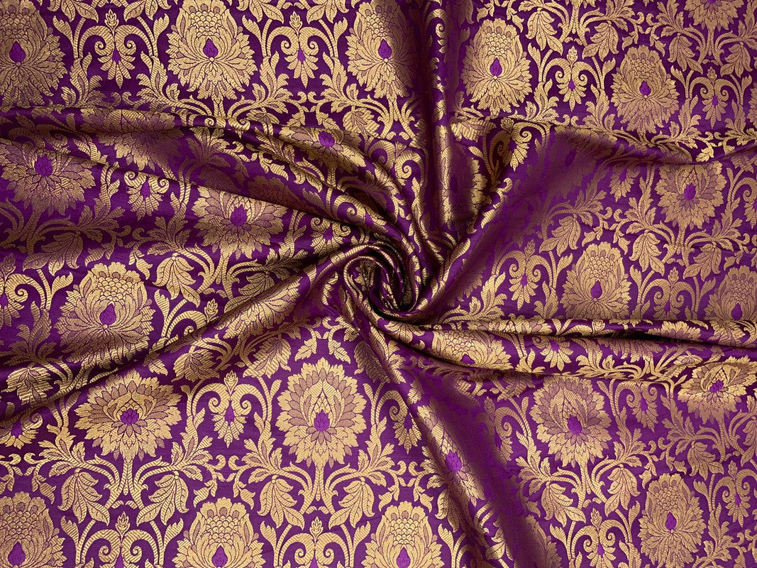 Purple & Golden Floral Semi Brocade Fabric