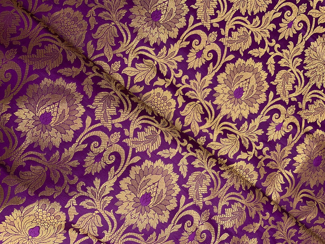 Purple & Golden Floral Semi Brocade Fabric