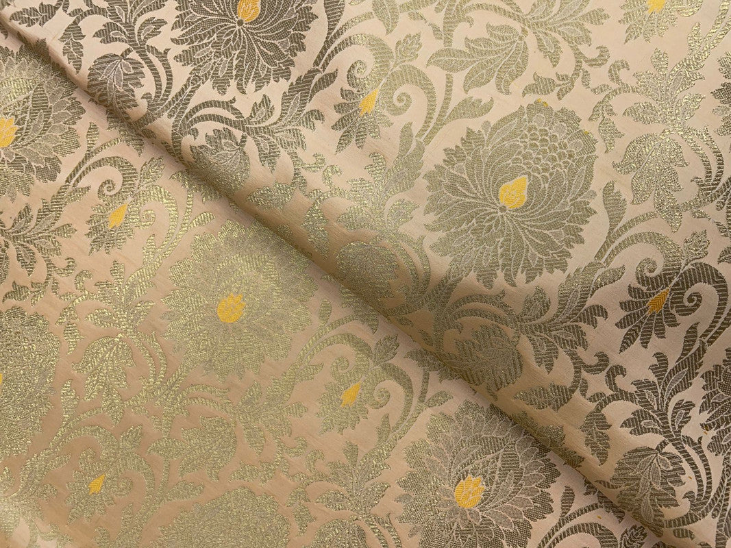 Light Yellow & Golden Floral Semi Brocade Fabric