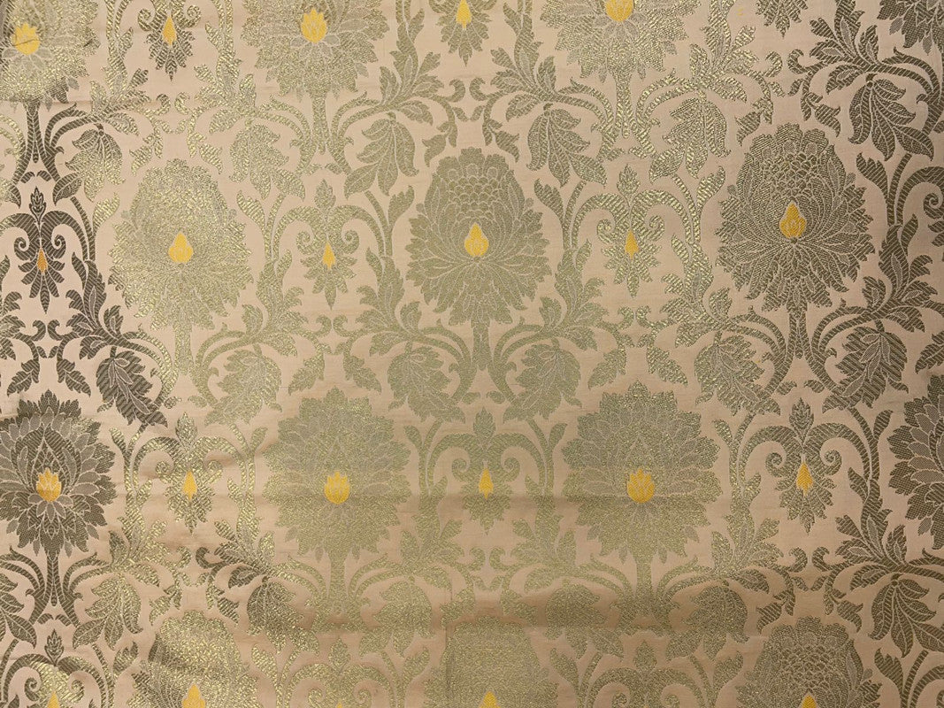 Light Yellow & Golden Floral Semi Brocade Fabric