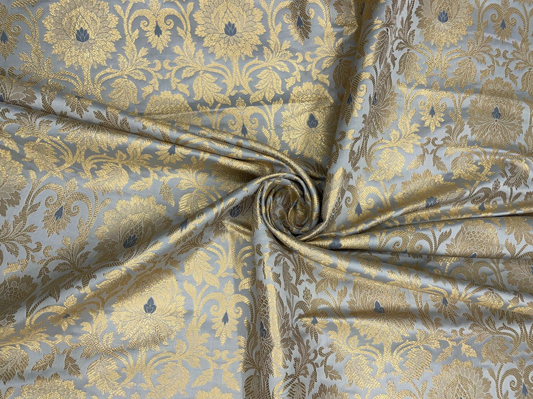 Grey & Golden Floral Semi Brocade Fabric