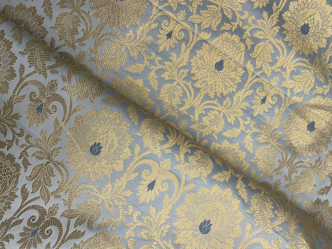 Grey & Golden Floral Semi Brocade Fabric