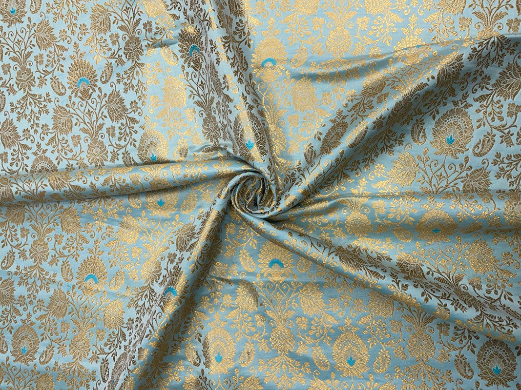 Light Sky Blue & Golden Floral Semi Brocade Fabric