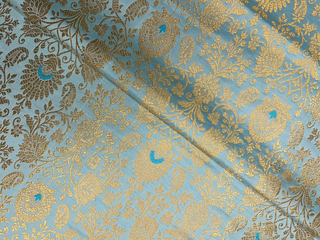 Light Sky Blue & Golden Floral Semi Brocade Fabric