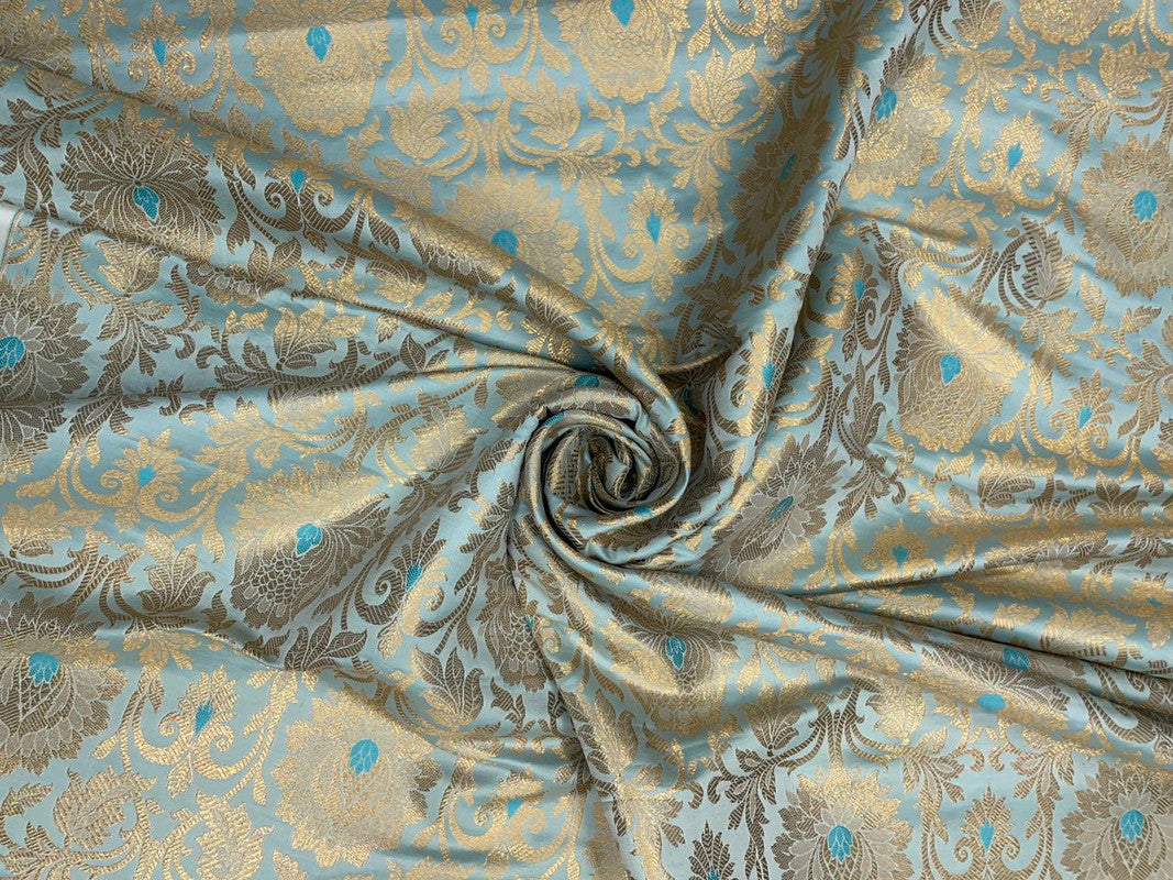 Sky Blue & Golden Floral Semi Brocade Fabric