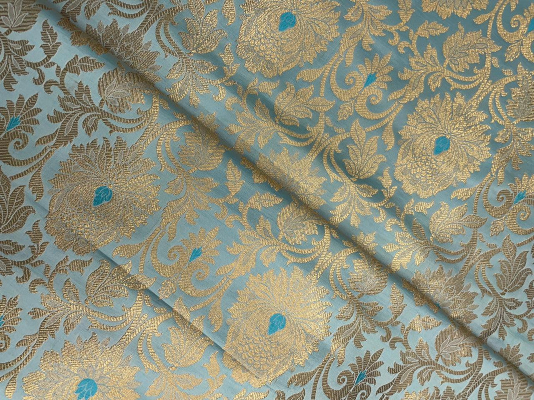 Sky Blue & Golden Floral Semi Brocade Fabric