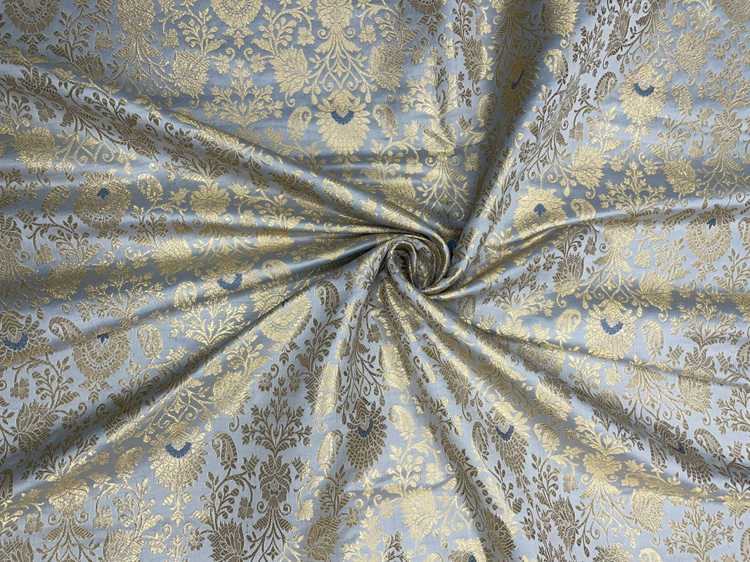 Grey & Golden Floral Semi Brocade Fabric