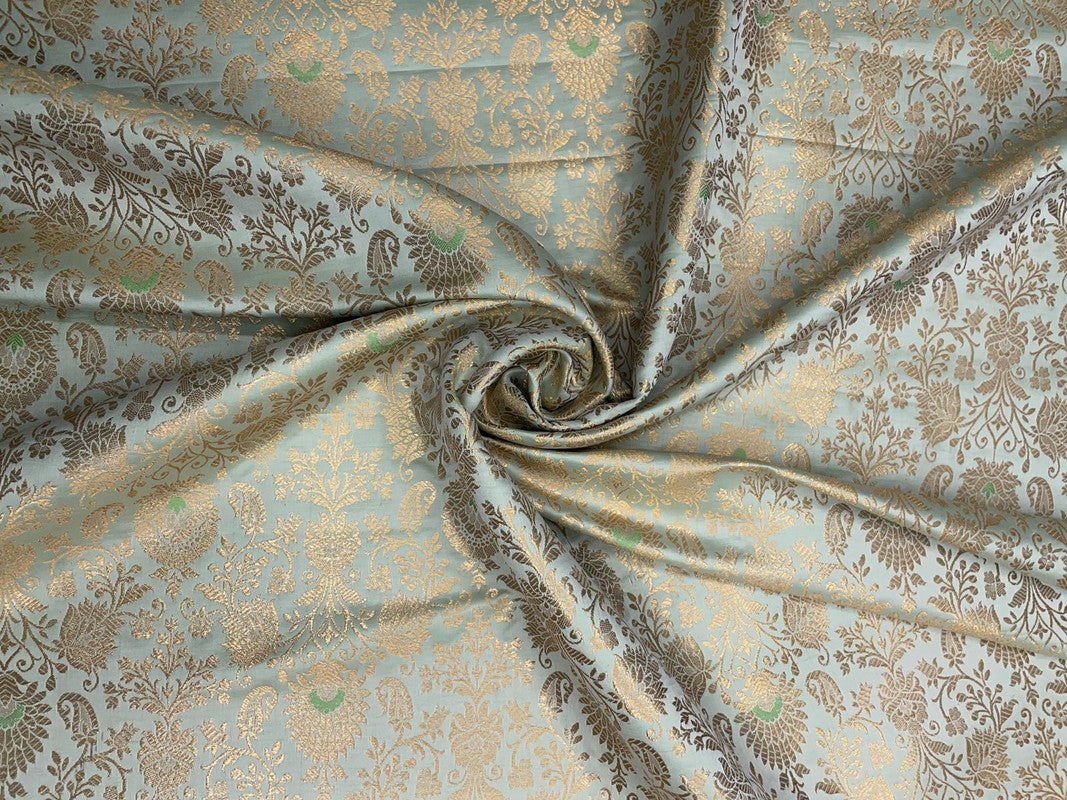 Mint Green & Golden Floral Semi Brocade Fabric