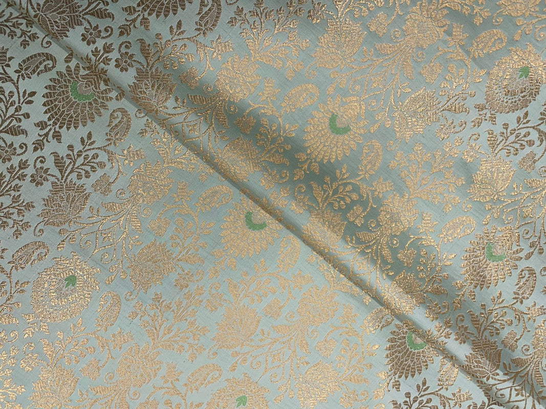 Mint Green & Golden Floral Semi Brocade Fabric