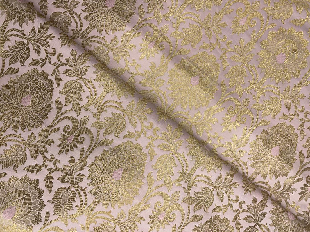 Baby Pink  & Golden Floral Semi Brocade Fabric