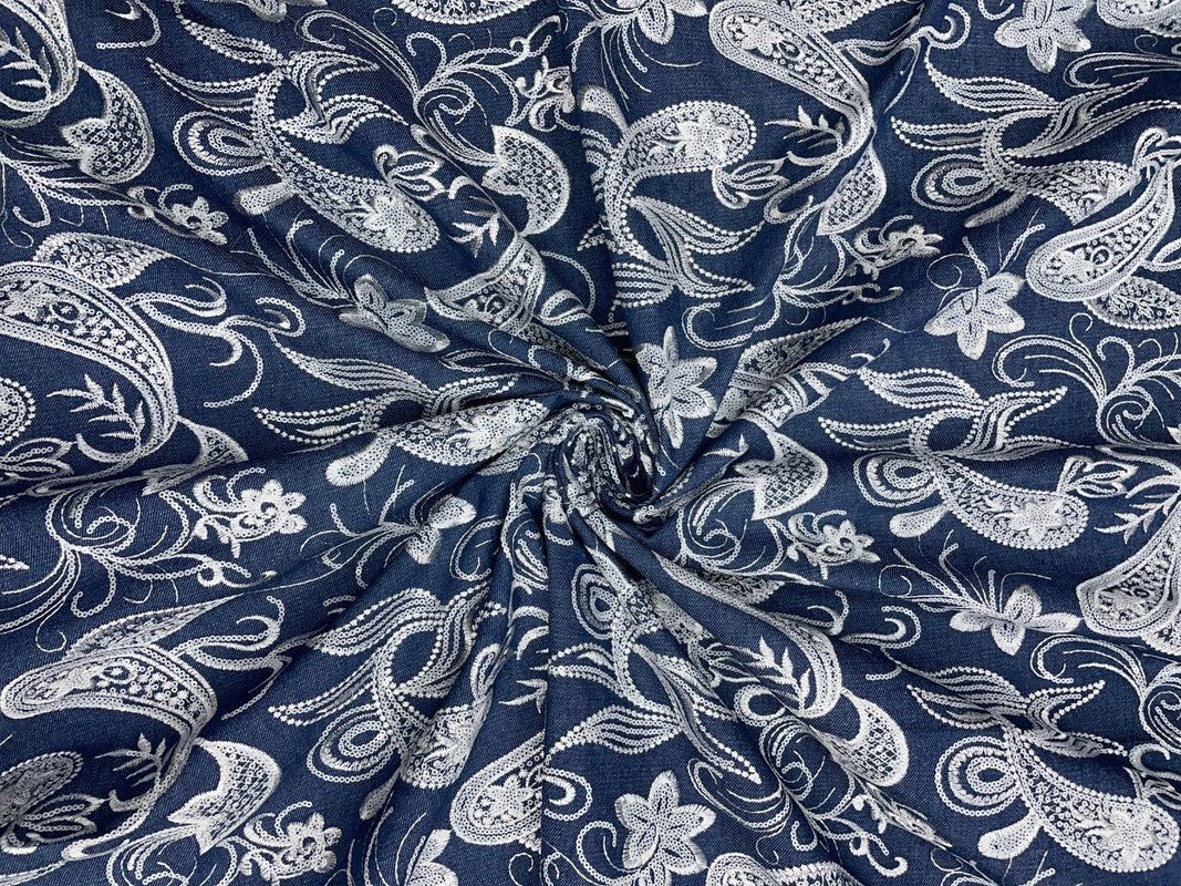 Blue Floral Embroiderd Denim Fabric