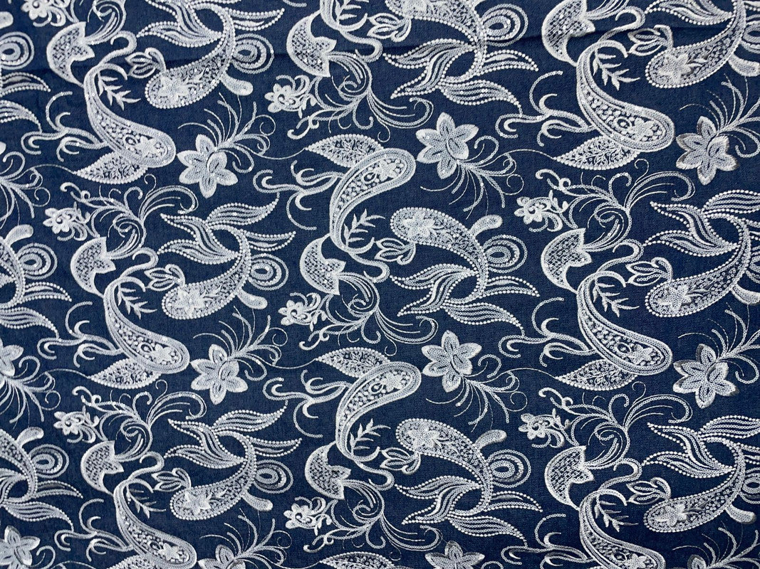 Blue Floral Embroiderd Denim Fabric