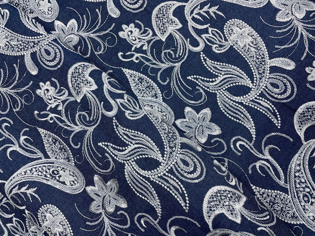 Blue Floral Embroiderd Denim Fabric