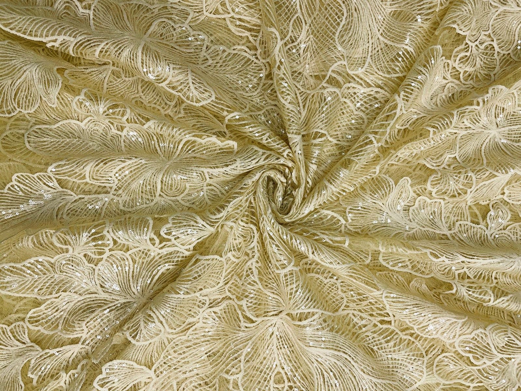 Yellow Floral Embroiderd Net Fabric