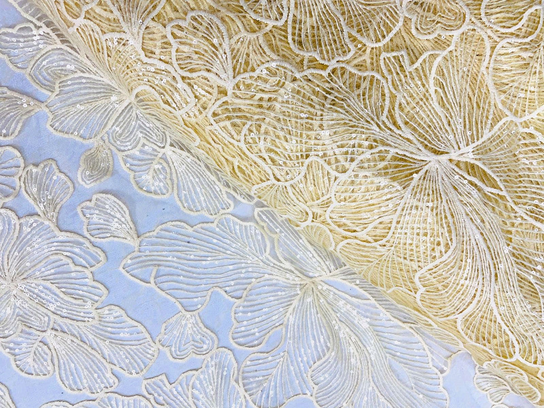 Yellow Floral Embroiderd Net Fabric