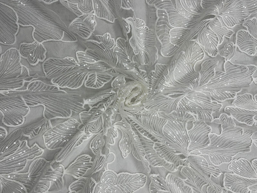 White Floral Embroiderd Net Fabric