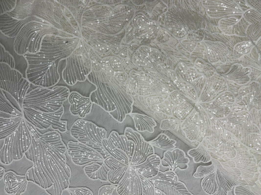 White Floral Embroiderd Net Fabric