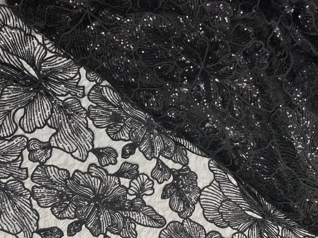 Black Floral Embroiderd Net Fabric