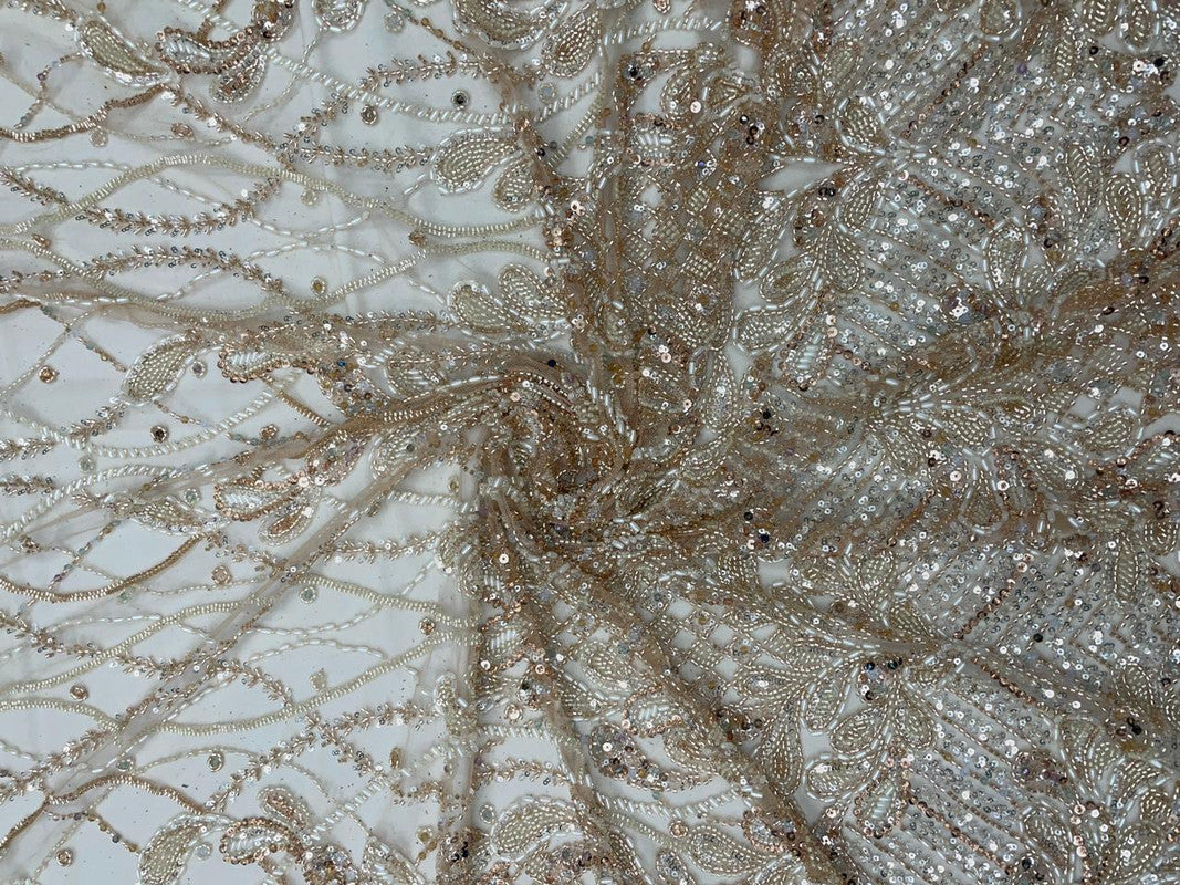 Peach Floral Embroiderd Net Fabric