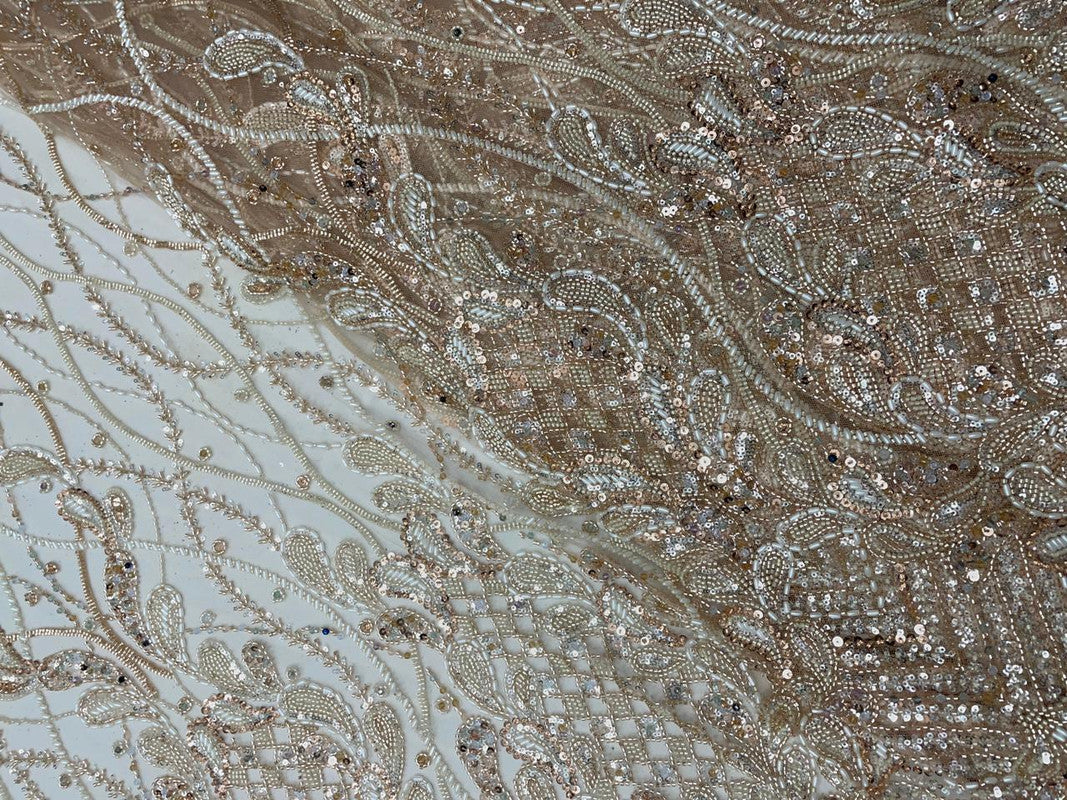 Peach Floral Embroiderd Net Fabric