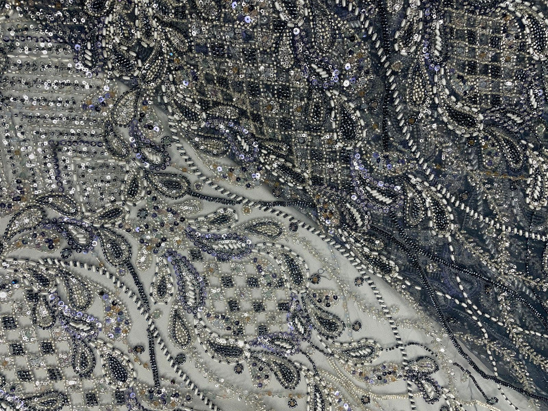 Steel Blue Floral Embroiderd Net Fabric