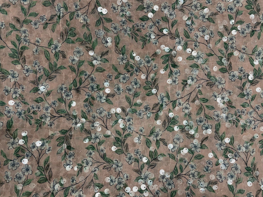 Light Beige Floral Flat  Sequence Chiffon Fabric