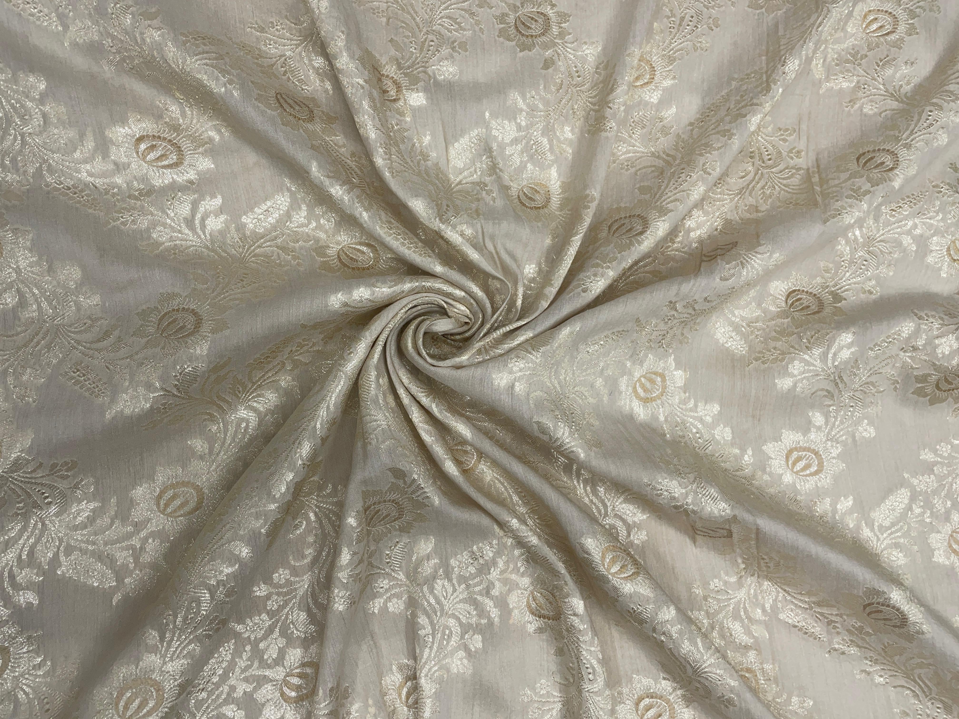 Cream Floral Pure Monga Silk Fabric