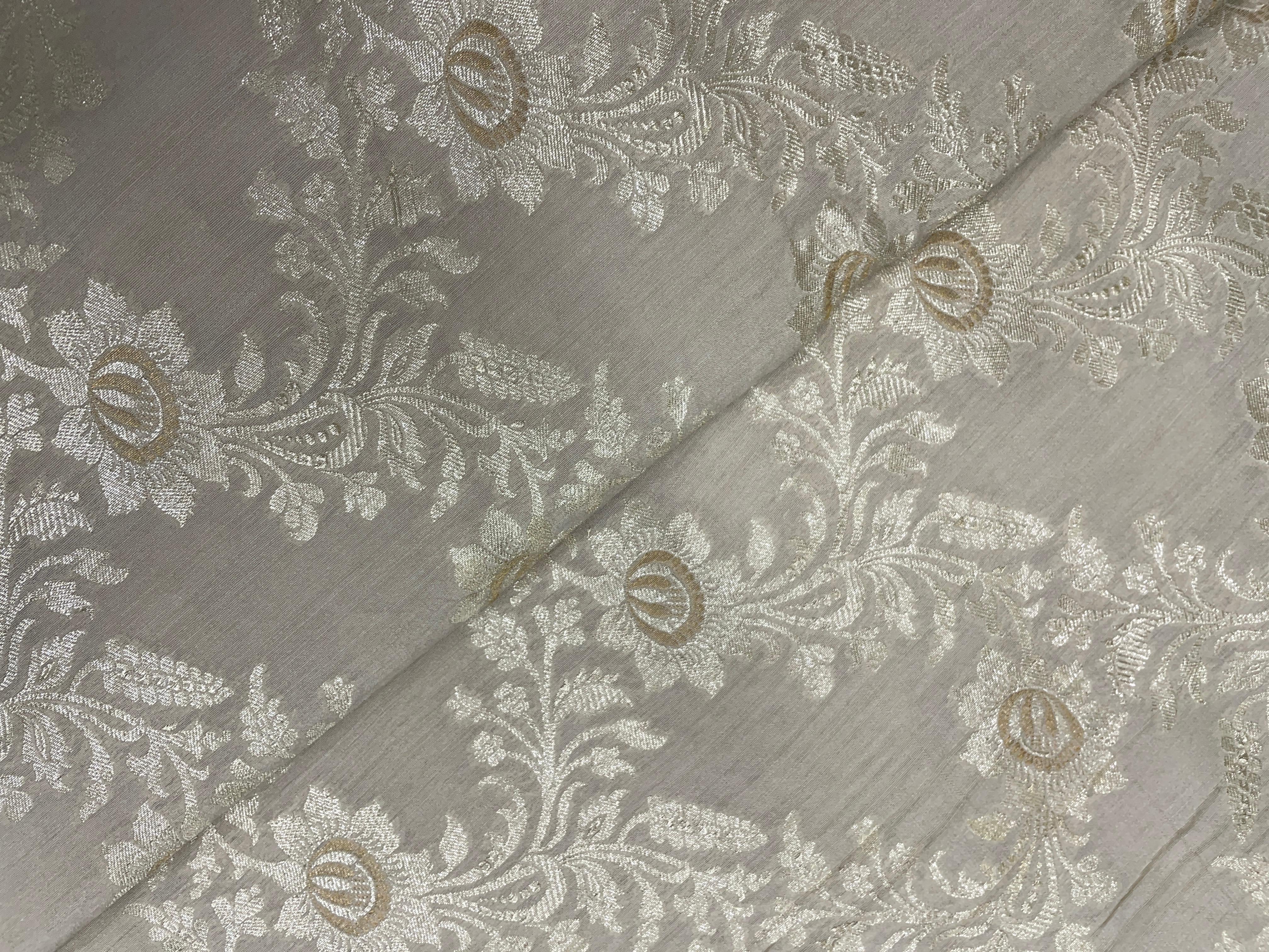 Cream Floral Pure Monga Silk Fabric