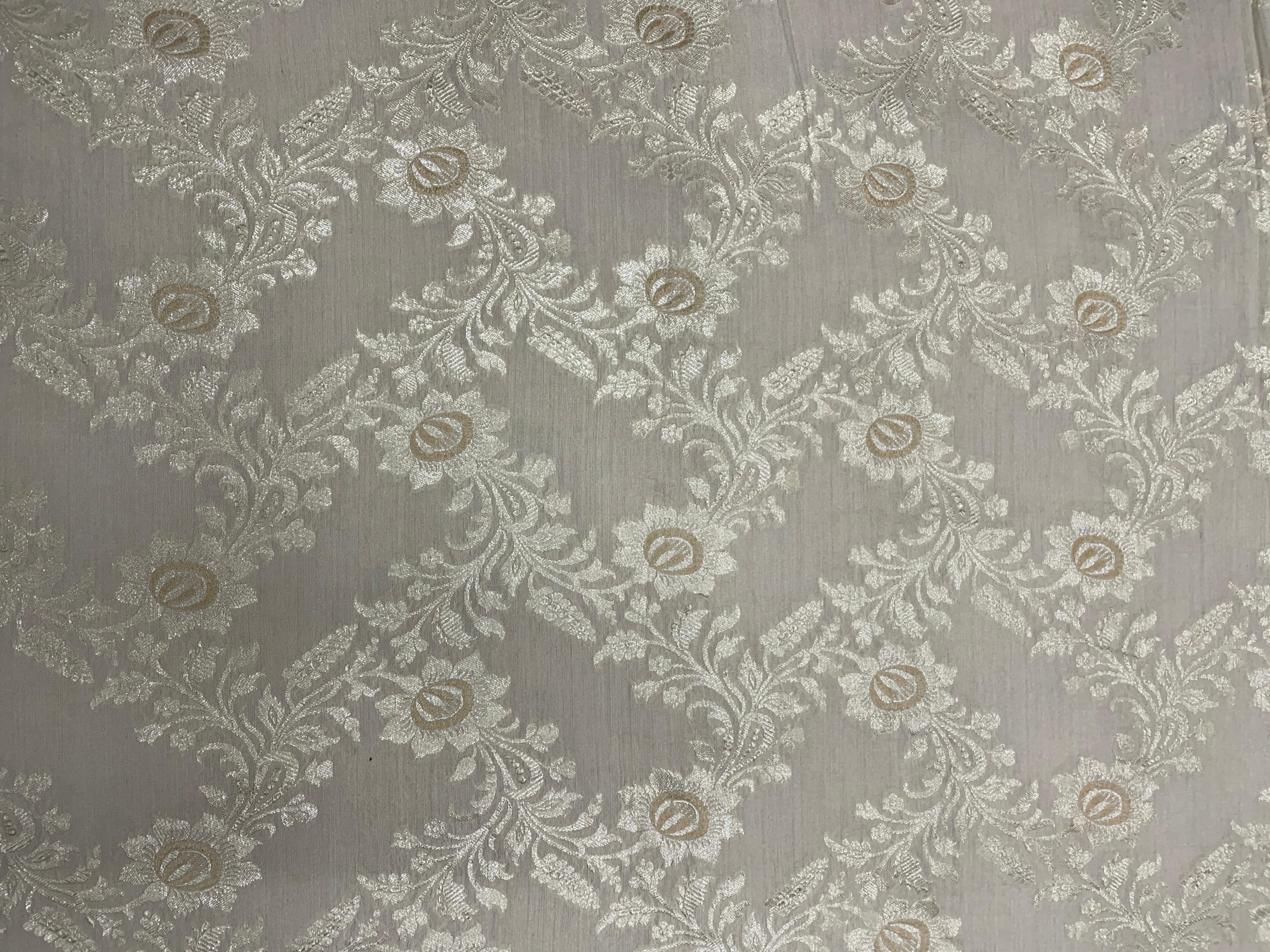 Cream Floral Pure Monga Silk Fabric