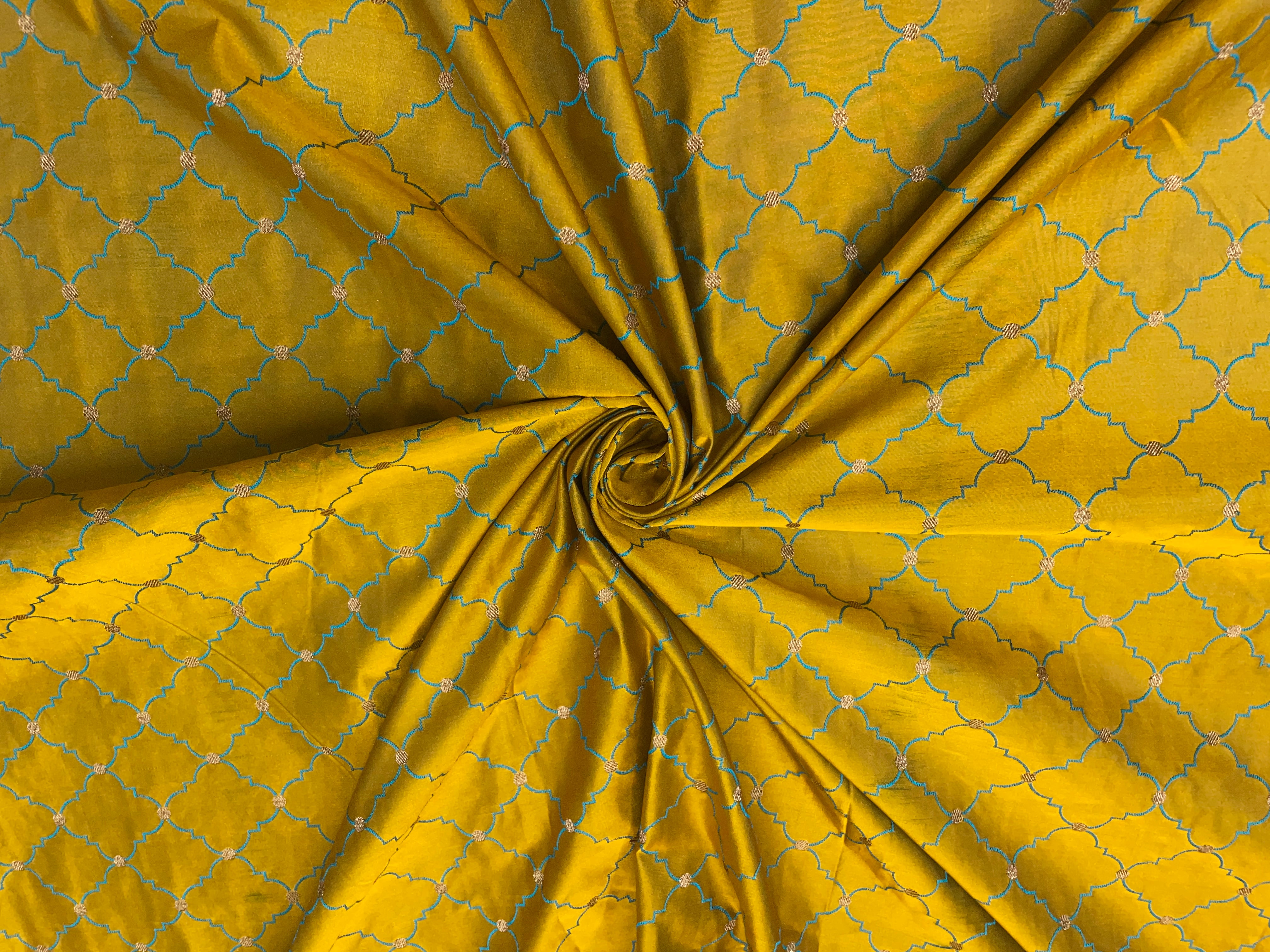 Dark Mustard Geometric Tanschui Silk Fabric Fabric