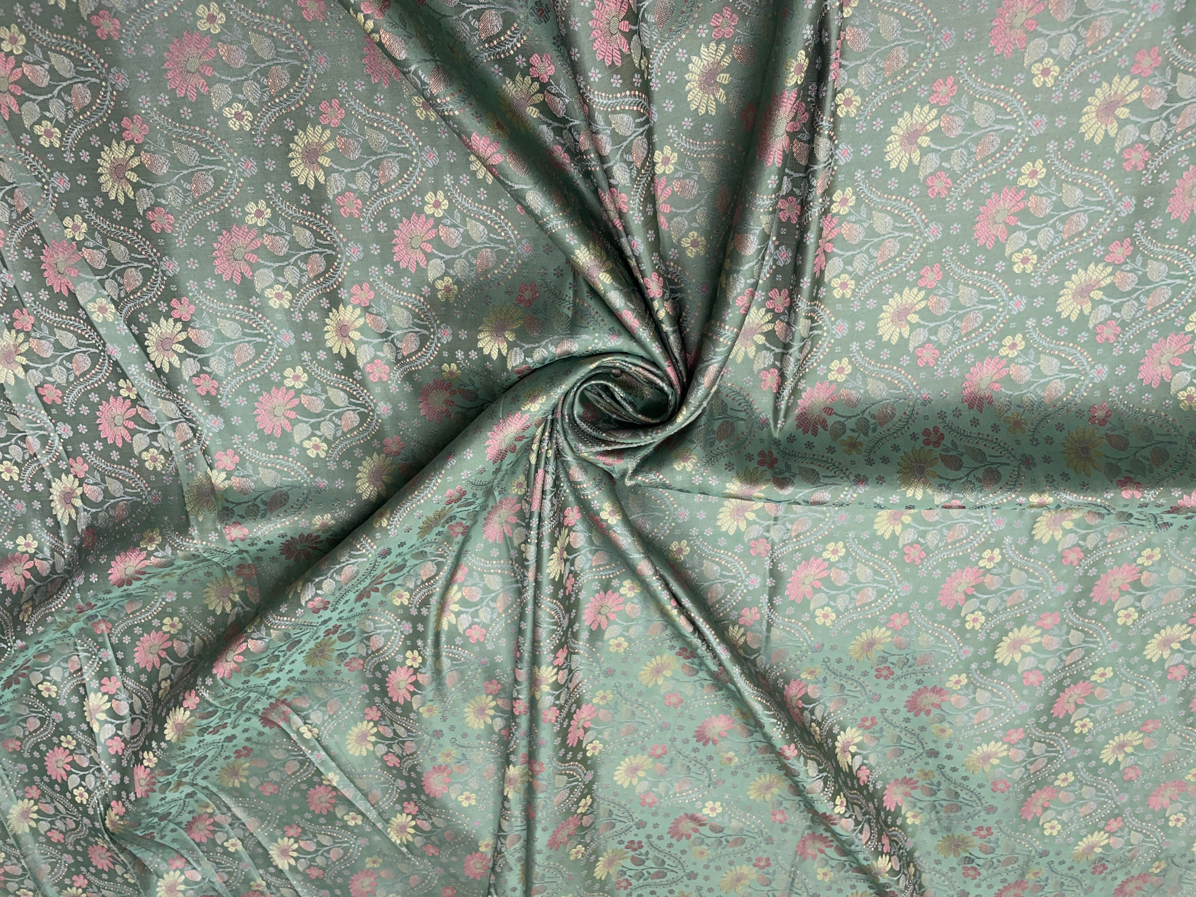 Sea Green Multicolor Floral Resham Brocade Silk Fabric