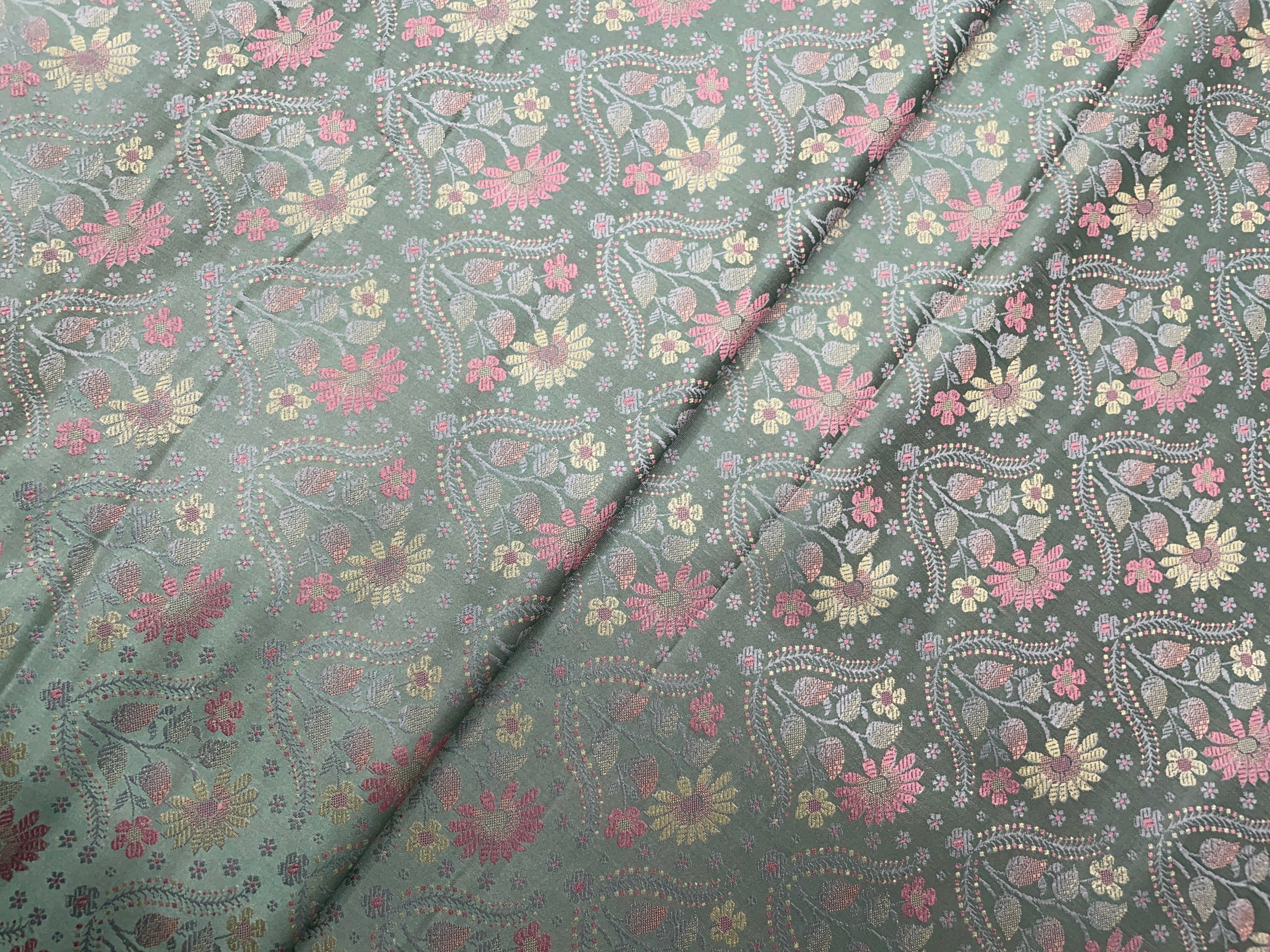 Sea Green Multicolor Floral Resham Brocade Silk Fabric