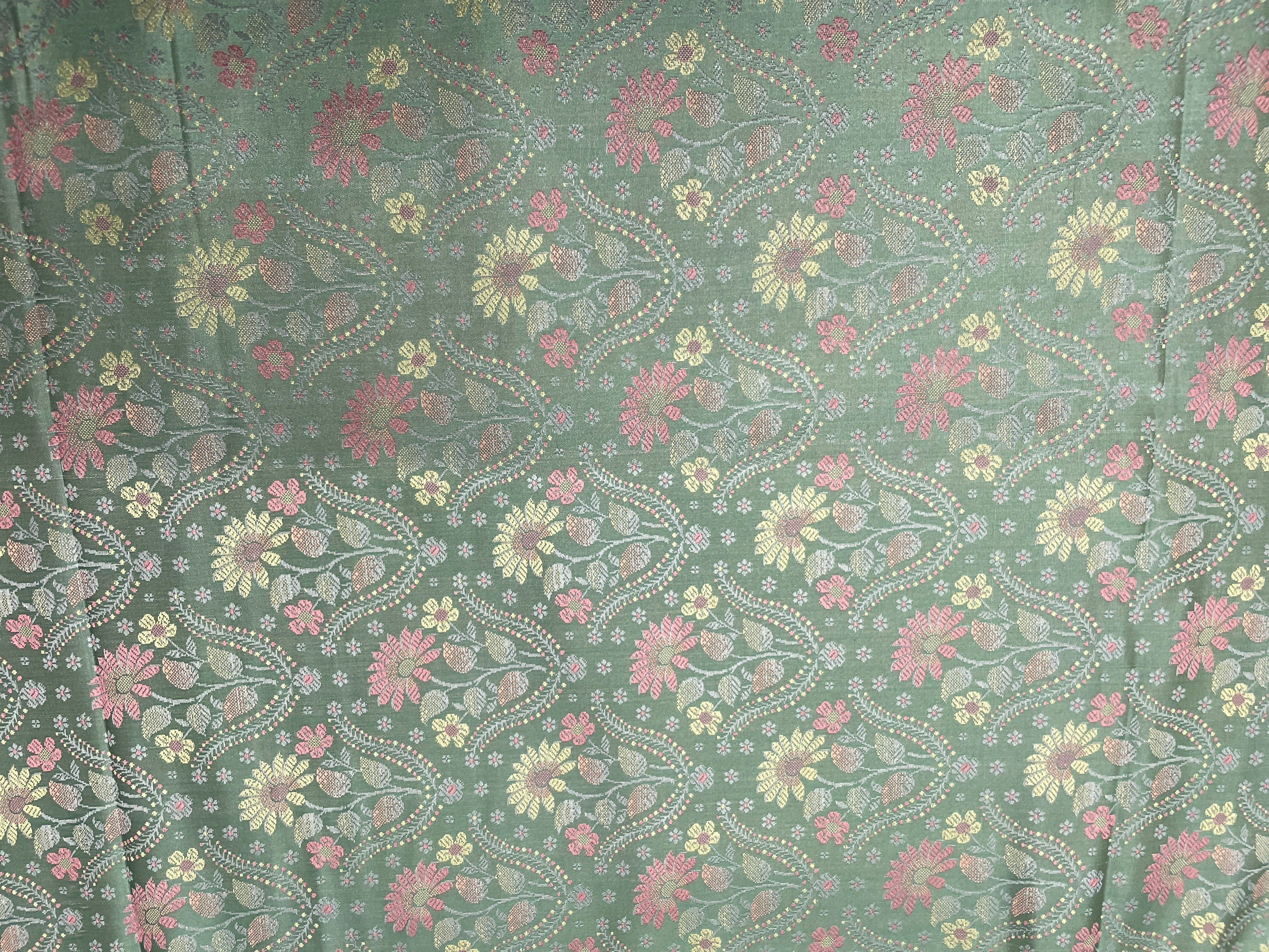 Sea Green Multicolor Floral Resham Brocade Silk Fabric