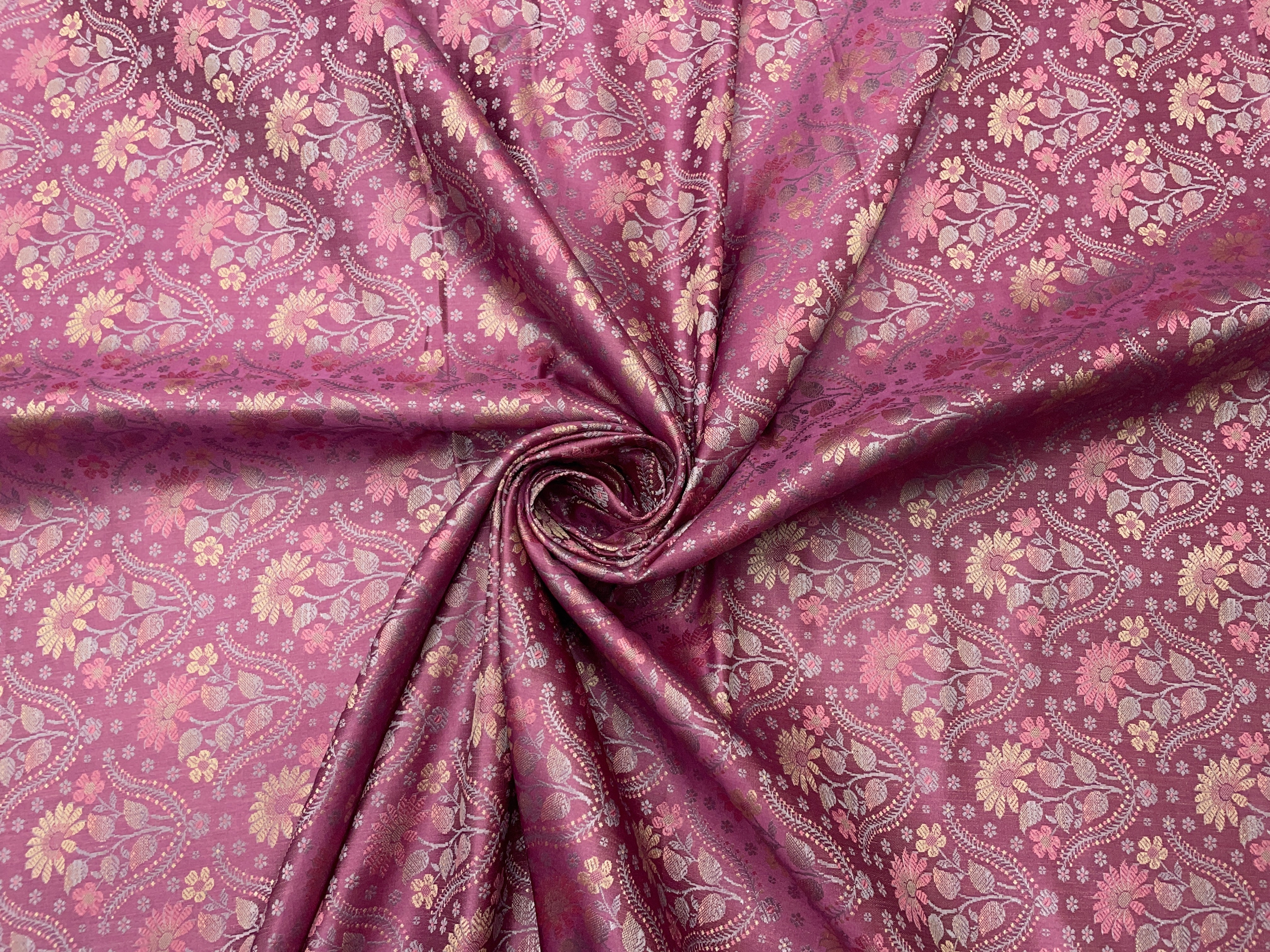 Onion Pink Floral Resham Brocade Silk Fabric