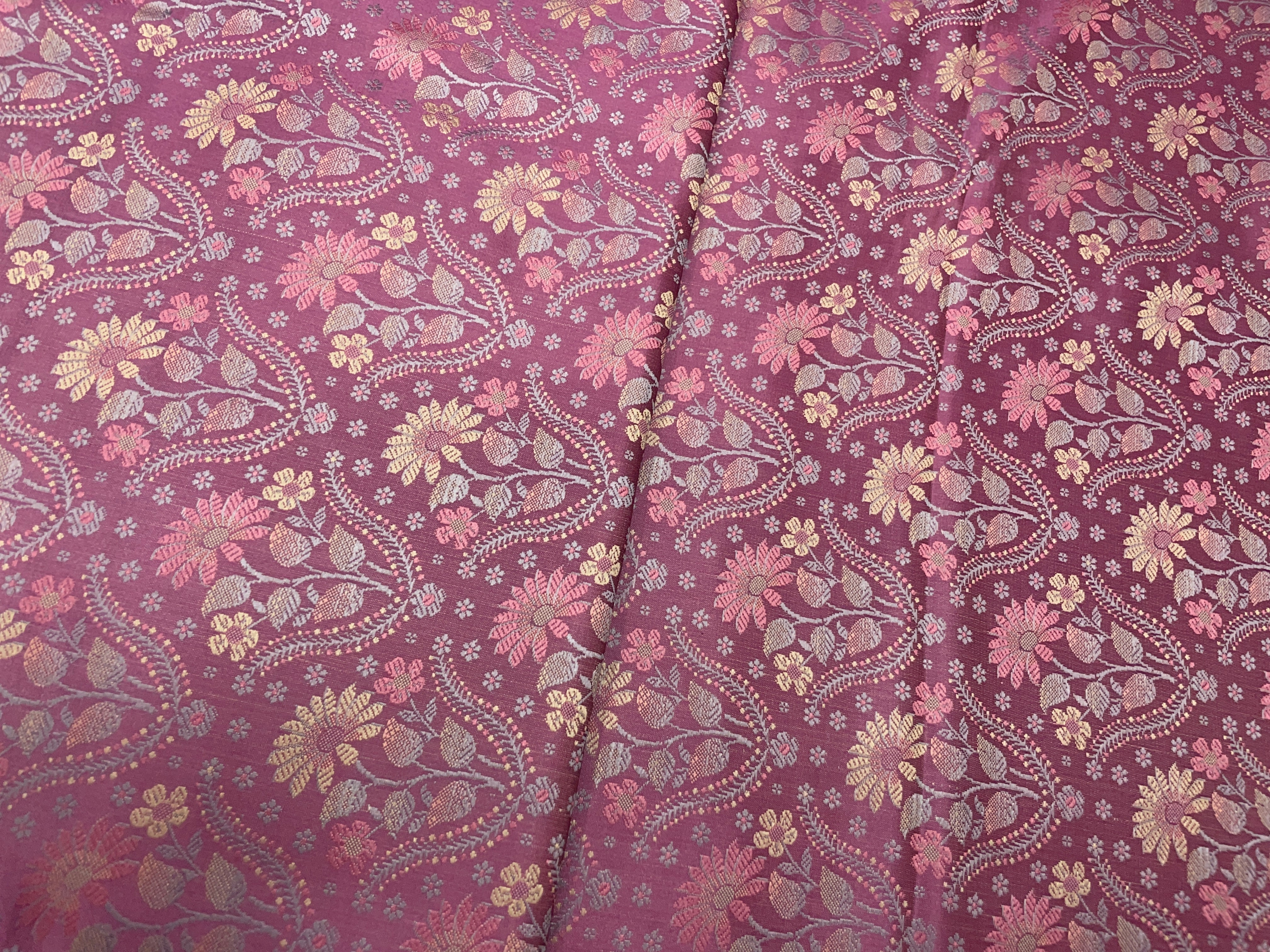 Onion Pink Floral Resham Brocade Silk Fabric